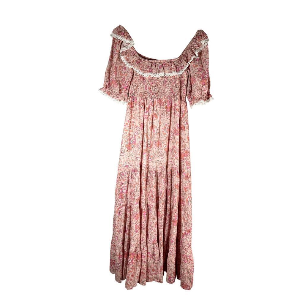 RIXO Joanie Pink Paisley Midi Light Floral Ruffle Dress Size Medium US 8 UK 12